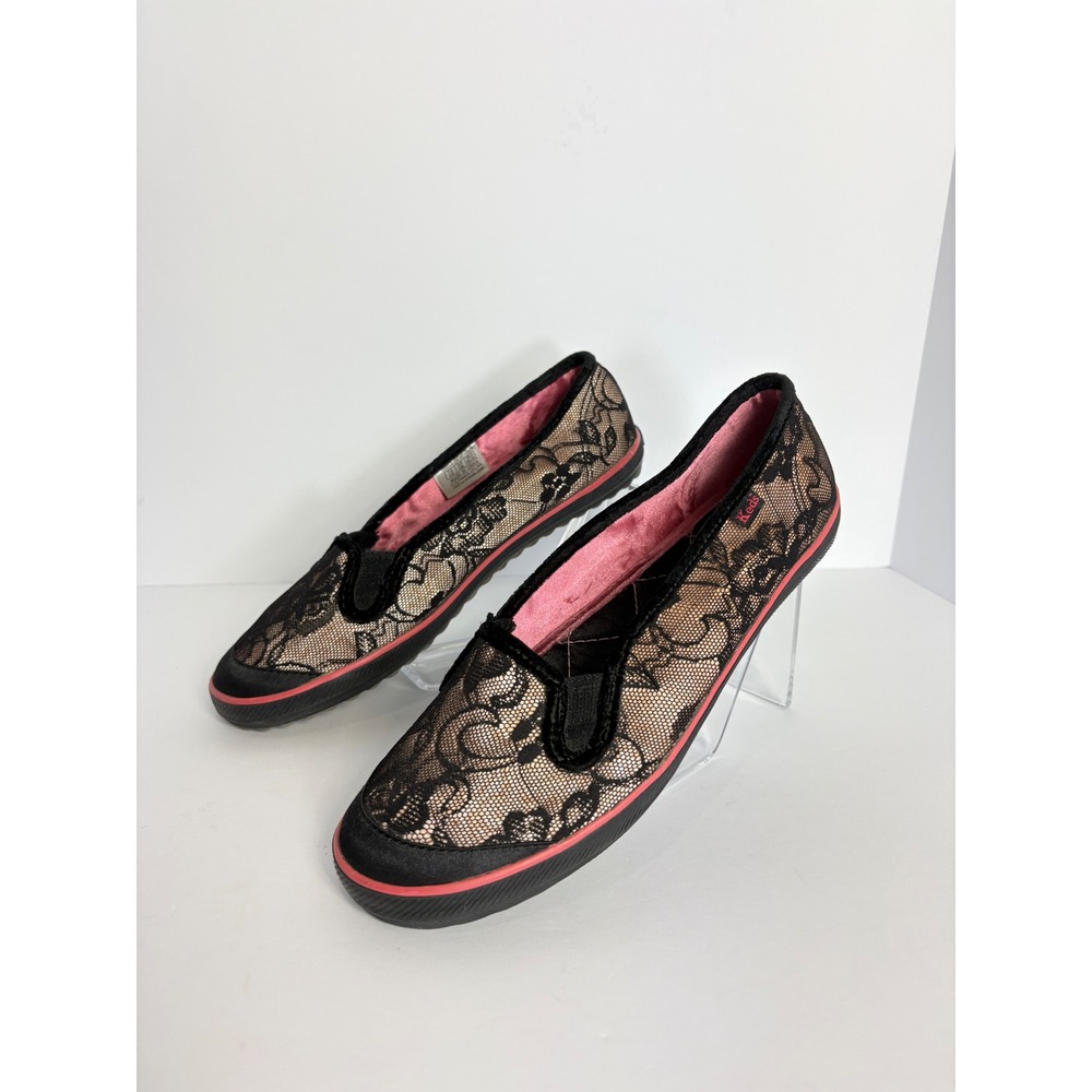 Keds Pink & Black Floral Lace Slip On Flats Shoes Size 7.5 Balletcore Whimsigoth